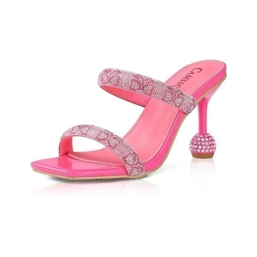 CAMSSOO Women's Double Rhinestones strap Heels Sandals Rose Red size 42